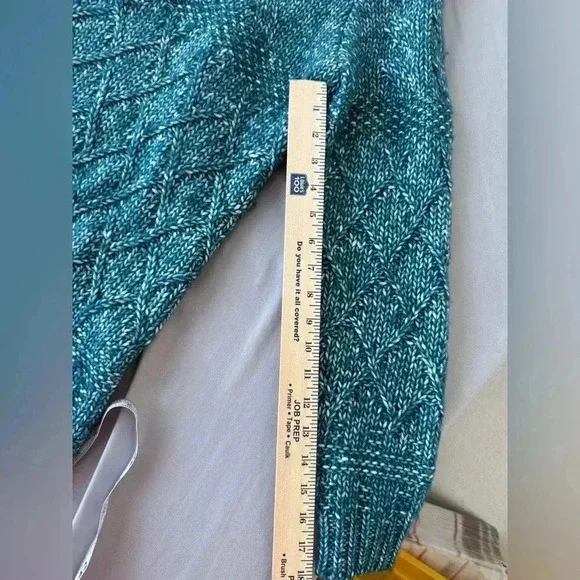Soft Surroundings Women's Teal 1/4 Zip Aran Cable Knit Sweater Size M Wool Blend - Picture 2 of 10